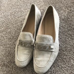 J Crew grey suede lucite chain loafers